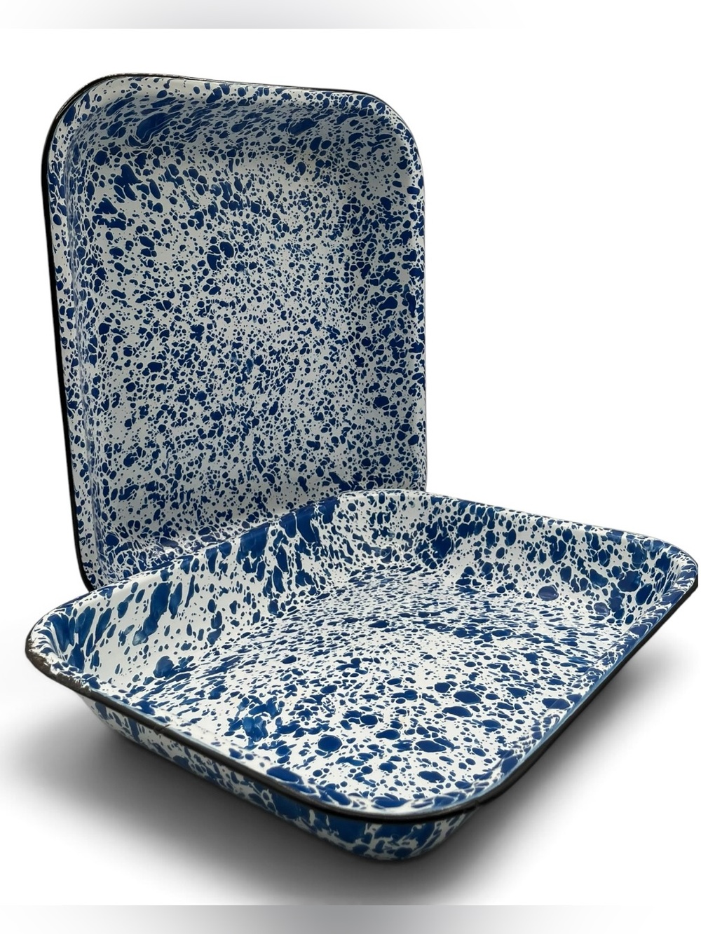 Two CGS International blue White Splatter Pan Trays 13.5” x 11” x 2” Enamelware